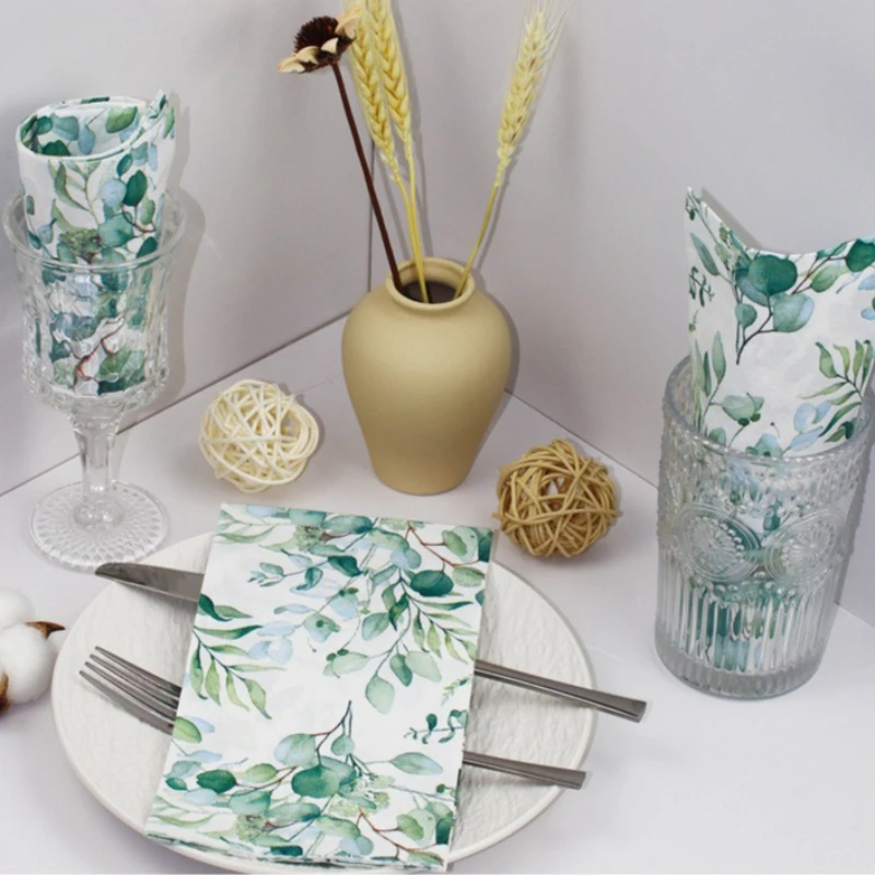 20pcs Long Green Leaf Napkins, Disposable Watercolor Plant Print Serviettes for Dinner Party, Art Themed Table Decorations