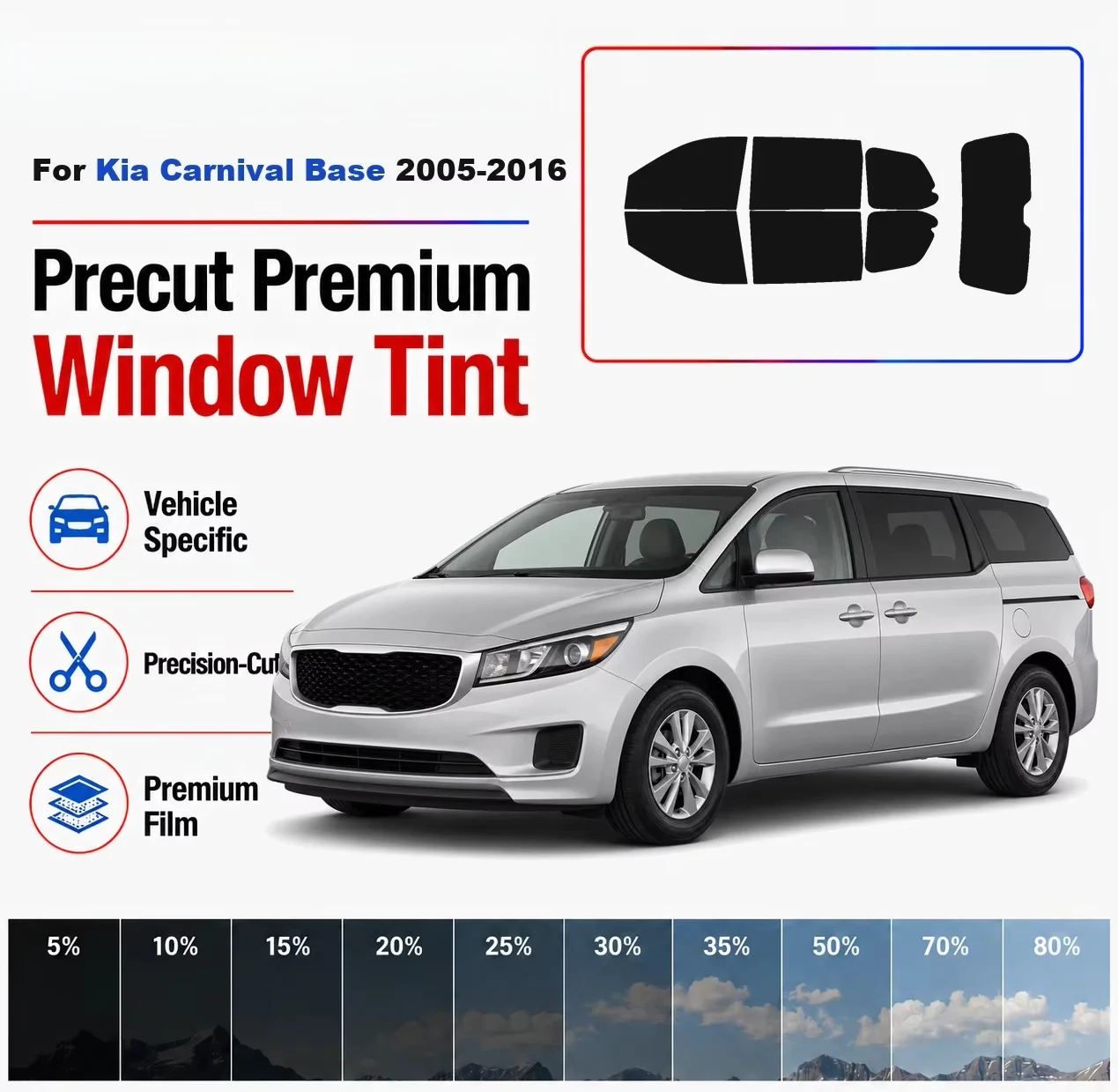 Premium Precut Window Tint Kit Front Rear Windows Rear Windshield For Kia Carnival Base 2005-2016 Complete Set Nano Ceramic Film