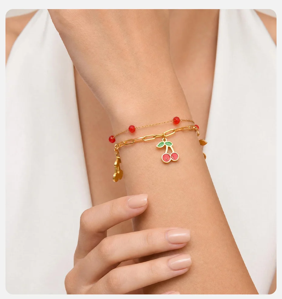 Vnox Boho Doppelschichtiges Vergoldetes Kirsch-Charm-Armband Süßes Niedliches Rotes Kristallperlen-Frucht-Armband Tägliche Accessoires Geschenk – Detail 2