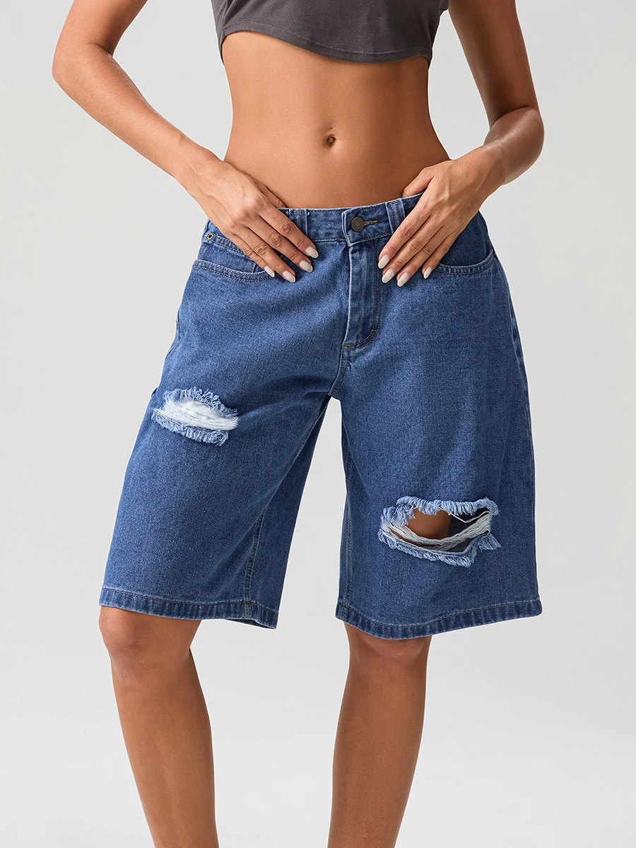 

wsevypo Holes Ripped Denim Shorts for Women Casual Low Rise Button Loose Knee-Length Short Pants for Streetwear Grunge Clothes