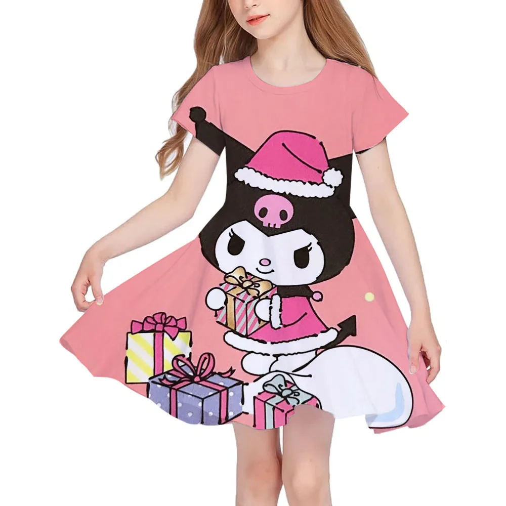 MINISO-Robe d'été à manches courtes pour fille, vêtement de princesse avec impression 3D de Hello Kitty et Cinnamoroll