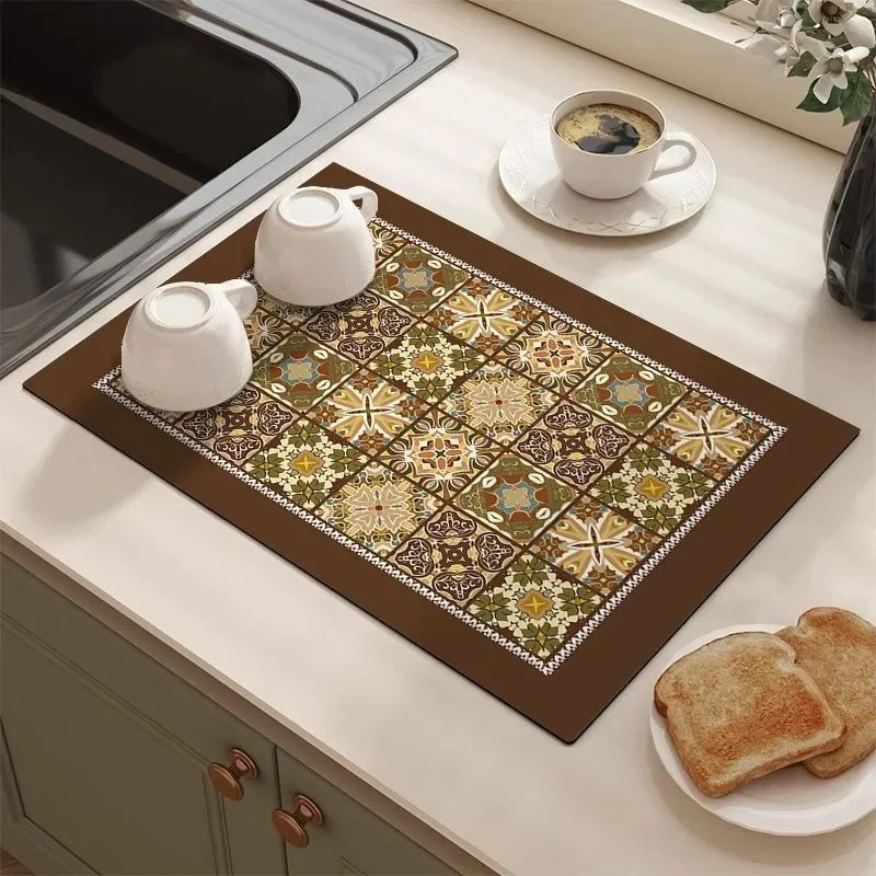 Retro Tile Pattern Absorbent Draining Mat Antiskid Quick Dry Kitchen Coffee Dish Drying Pad Farmhouse Cottage Style Coasters