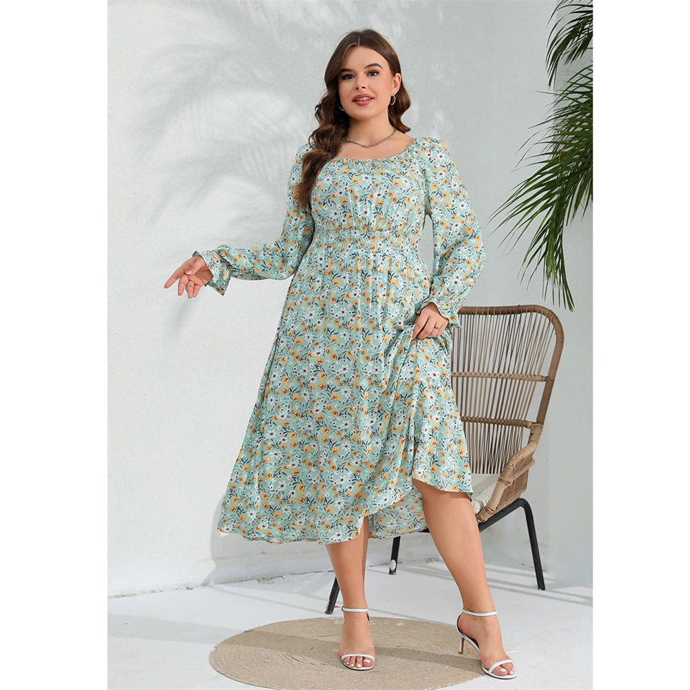 

Women Maxi Dresses Vestidoes Spring Summer Loose Dresses Fashion Female Full Sleeve Printed Floral Casual Long Dresses Sundress