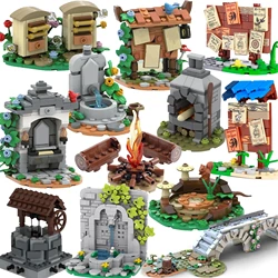 Moc placa de aviso blocos de construção abelha fazenda fonte fogueira fogão medieval cidade vista rua água parede ponte sinal estrada tijolo brinquedo