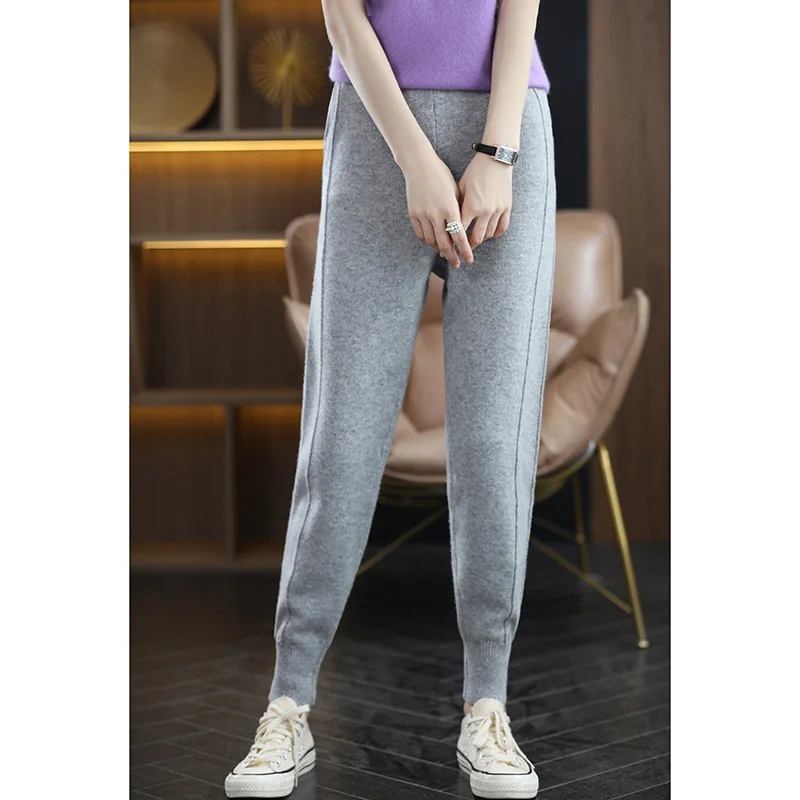 Fashion 100% Merino Wool Solid Color High-Waisted Knit Pants Trousers Cashmere  Soft Simple Basic Casual  Tapered-Leg Joggers