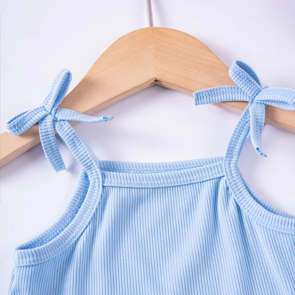 2pcs Baby Toddler Summer Set Solid Color Children's Clothes Sweet Bow Camisole Top + Wooden Earring Shorts Soft and Comfortable