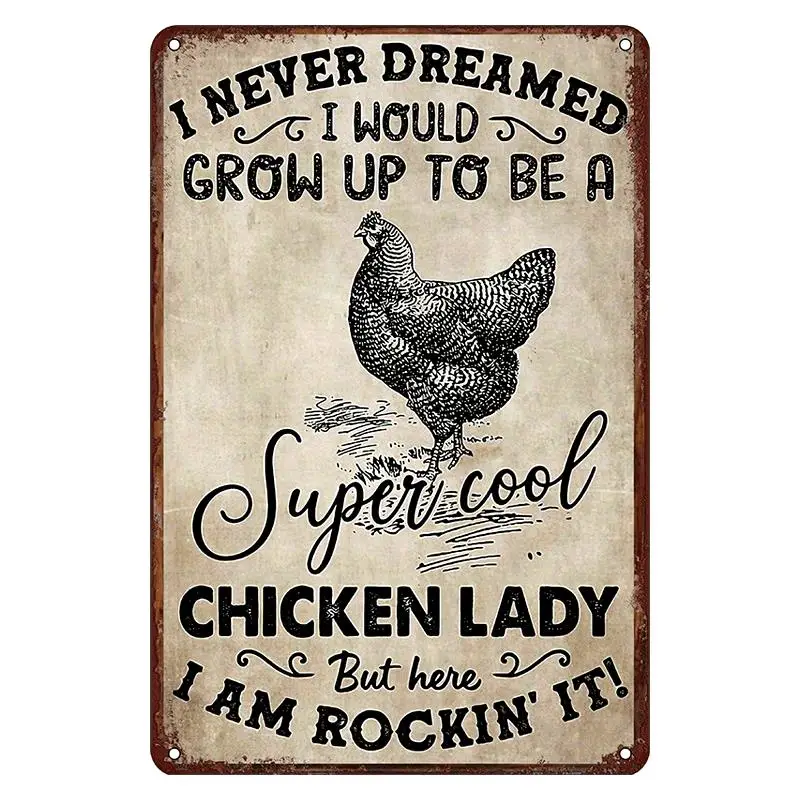 Funny Chicken Lady Retro Metal Tin Signs, Vintage Sign Wall Art Interior Decoration Poster For Farm Barn Home Ba