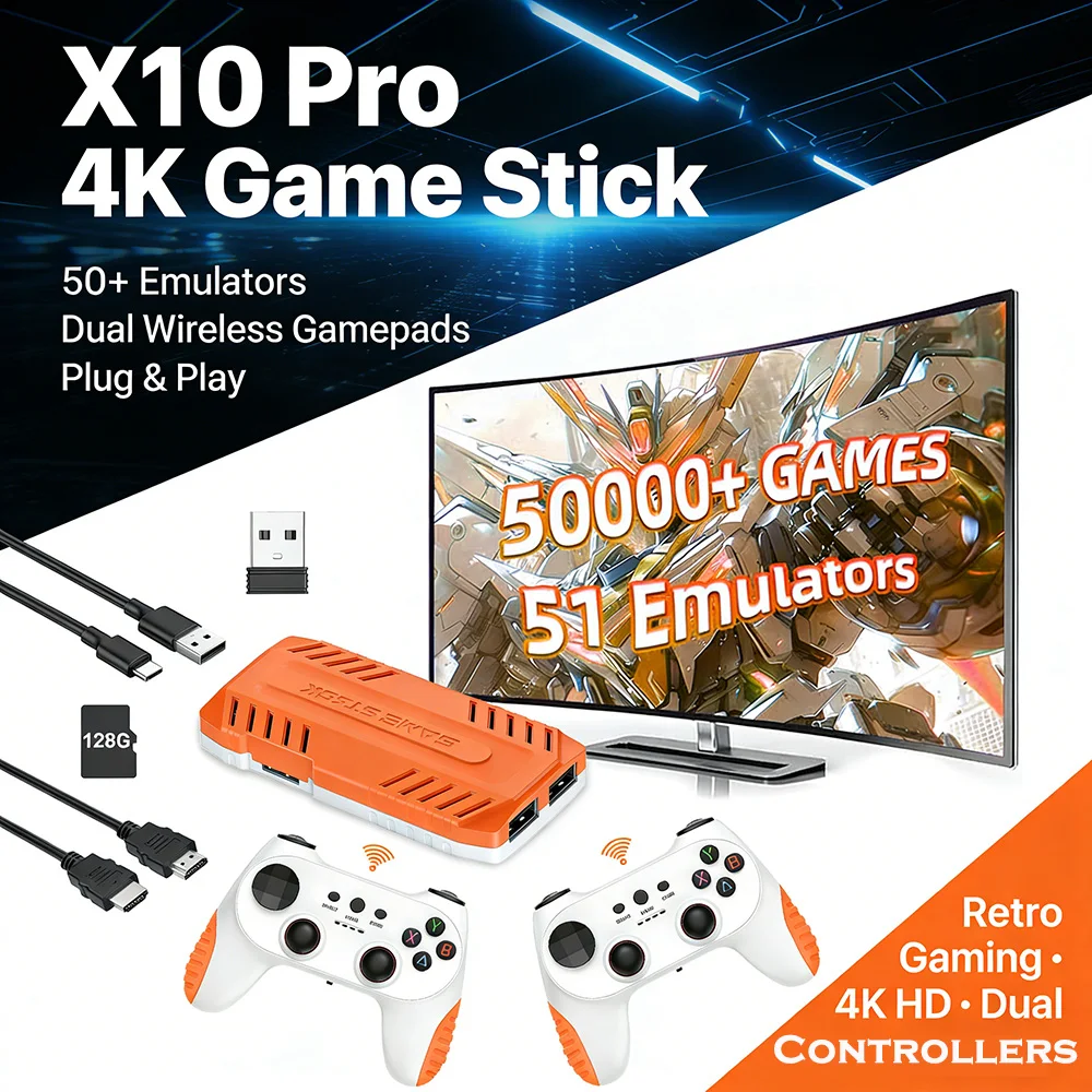 GamePulseX10 Pro 4K Game Stick 128G 50000+ Retro Games 50 Emulators Dual Wireless Controllers Console