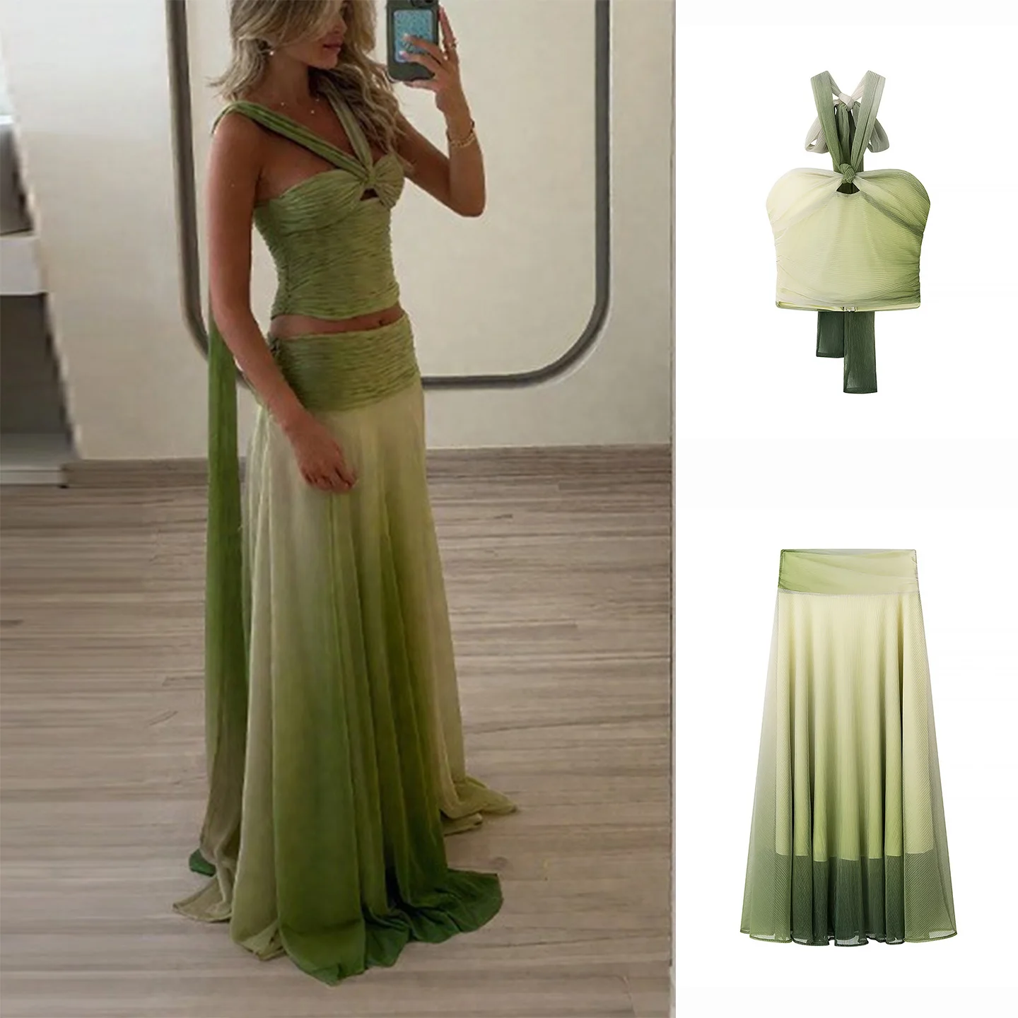 2025年秋新作 カジュアルなアディエンテカラーのネティブラウストップとスカートのセット、Vネックのスリムロングパンツのツーピースセット