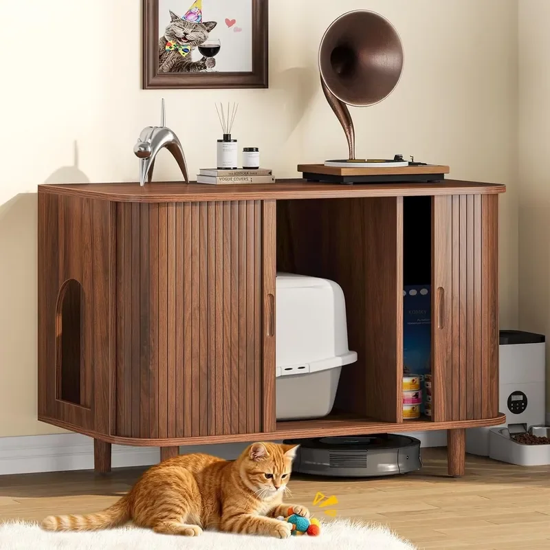 Wooden Cat Dog Box Enclosure Sliding Hook Loop Door Rectangle Box Cabinet Multi-functional Indoor Pet House TV Stand