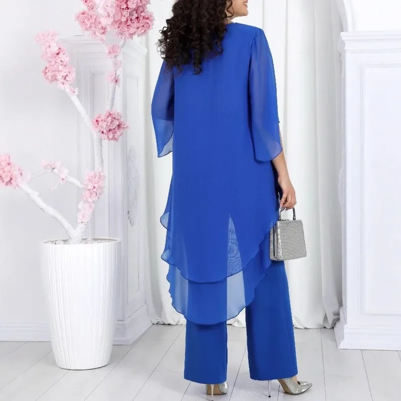 Fashion Solid Color Chiffon Pant Sets Autumn New Casual Two Piece Outfits Woman Elegant Loose Office Party Clubwear Solid Sets