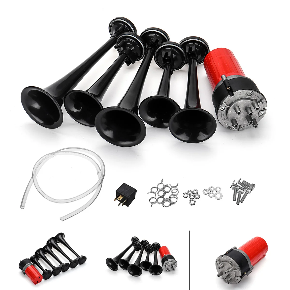 Black 5-Trumpet Air Horn Compressor Universal 12V 125dB DIXIE Musical Air Horn Dukes of Hazzard General-Lee Car Truck Boat