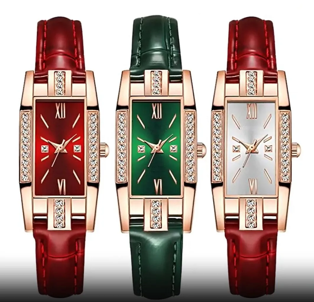 Reloj de cuarzo de cuero rectangular verde para mujer, pulsera de lujo, esfera roja, negocios, venta al por mayor