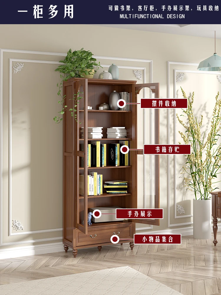 Solid Wood Log Combination Glass Door Dust-Proof Door Bookcase Entire Wall Wine Cabinet