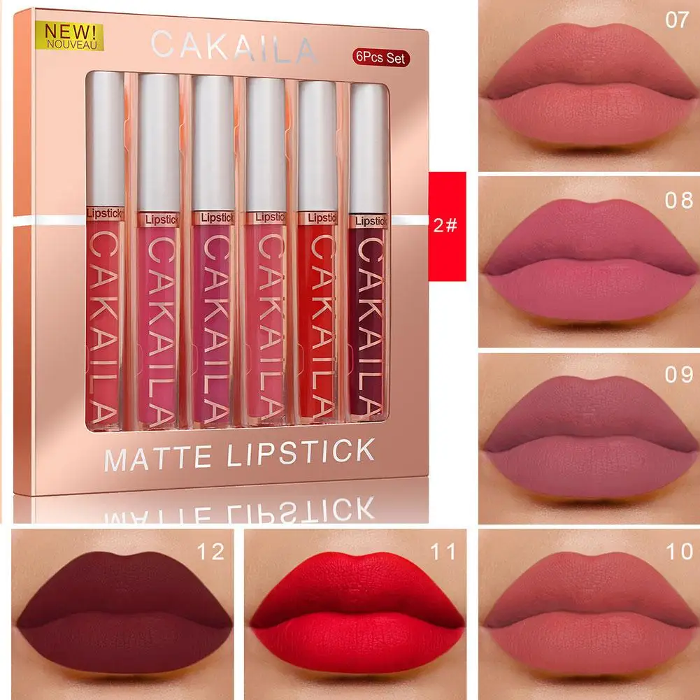 Juego de 6 pintalabios de terciopelo líquido para mujer, Pintalabios con brillo mate, labios rojos, lápiz labial hidratante Nude, resistente al agua, Sexy, largo, P9u3