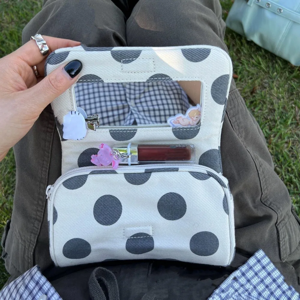 Portable Canvas Polka Dot Cosmetic Bag Large Capacity Stripe Jewelry Storage Bag Multifunctional Simple Canvas Makeup Bag Travel