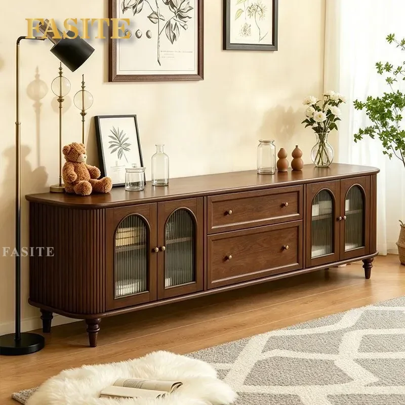 Medieval Style Solid Wood TV Cabinet Storage Locker Integrated Living Room Home Light Luxury High Sense