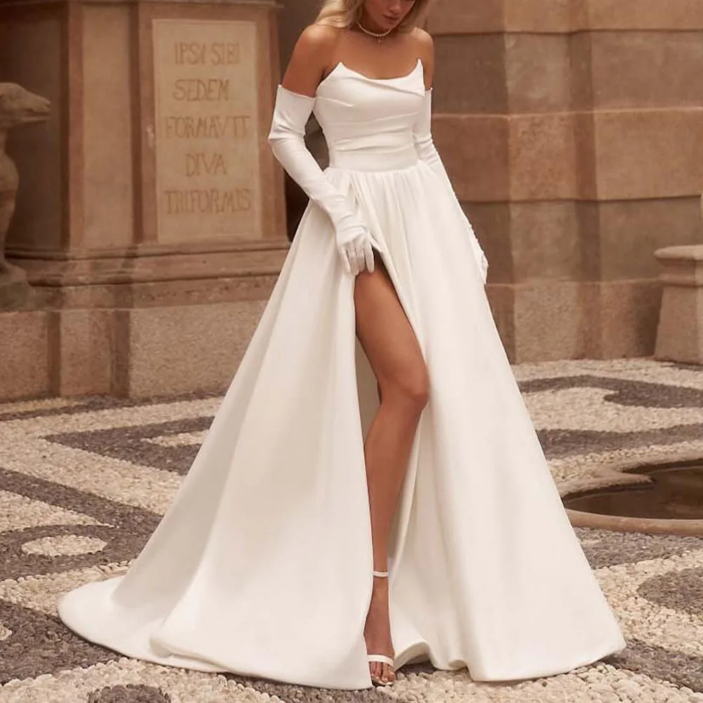 Robe de mariée en satin sans bretelles pour femme, ligne A, fendue croisée, robe de mariée élégante, train de balayage, tout ce qui est pour les patients, blanc, 2024