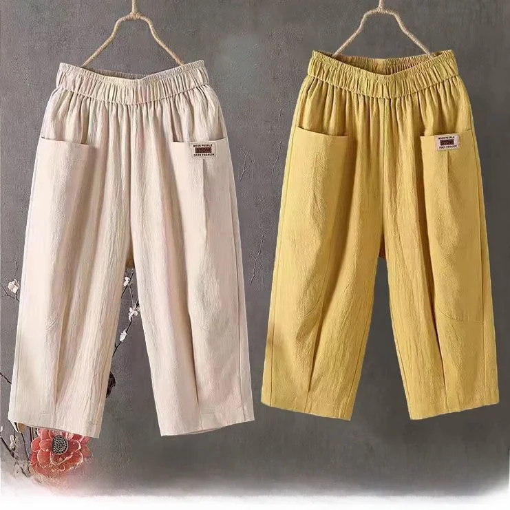 Summer Thin Cotton Linen Mom Pants Women Loose Large Size Elastic Waist Harem Casual Pants Comfortable High Waist ket Design