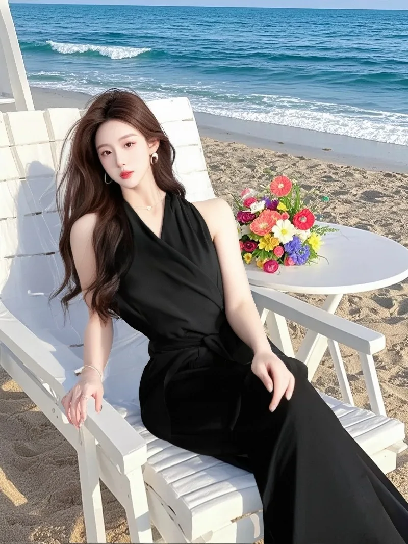 

New Fahsion High End Casual Jumpsuit Women Summer Sleeveless Temperament V-neck Slim Black Wide Leg Pants Jumpsuits