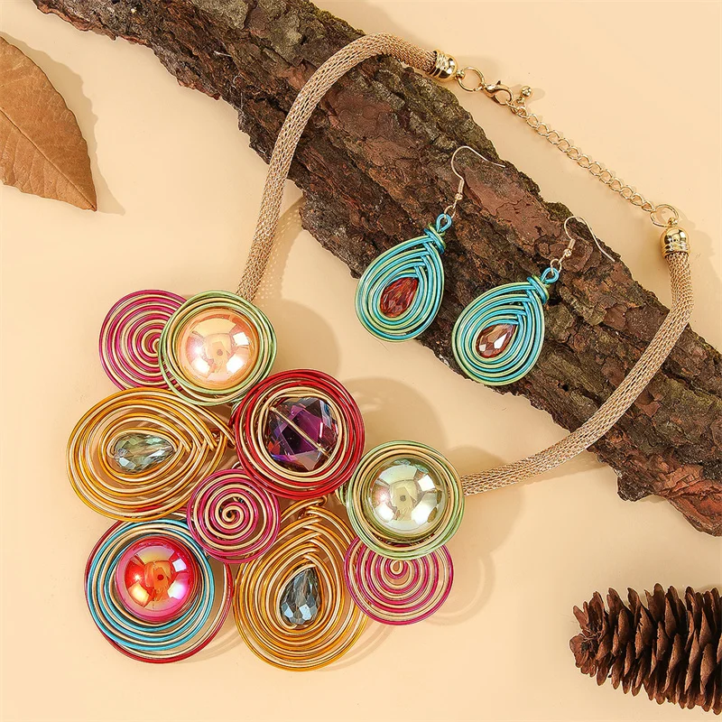 New African Flowers Jewelry Set Aluminium Wire Necklace Earrings Set For Women Party Wedding Dress