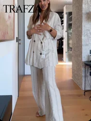 TRAFZA Women's Summer Fashion Linen Striped Blazer + Fashionable Elastic Waist Side Pockets Linen Blend Women's Wide Leg Pants