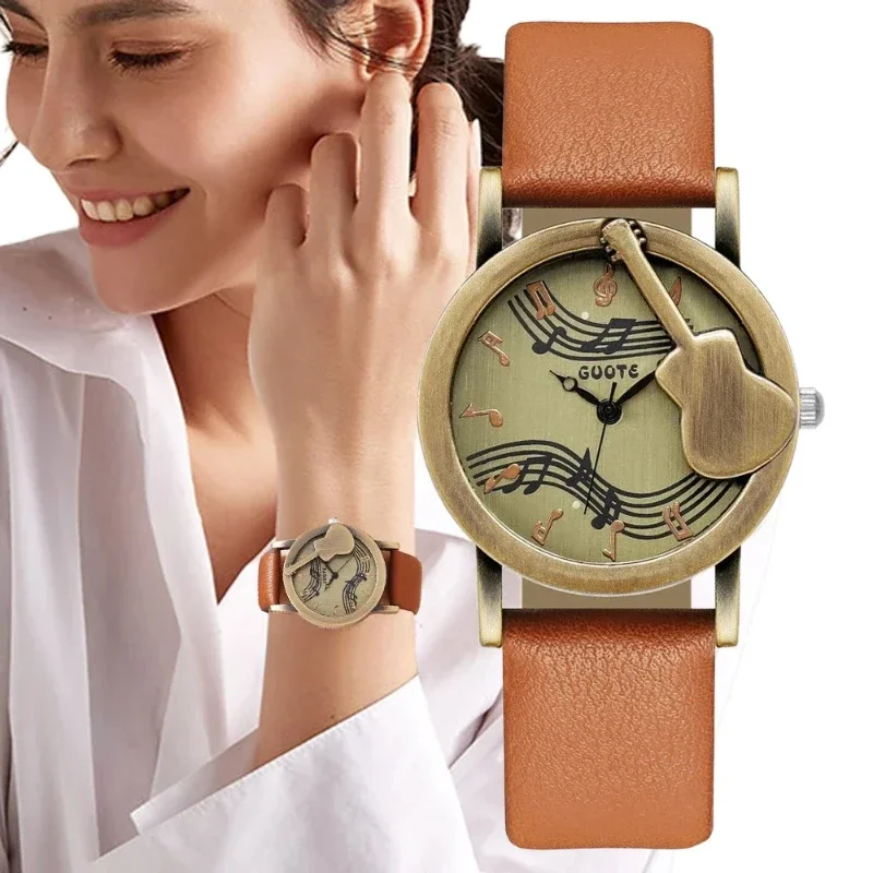 Guitar Design Women's Watch Quartz Casual Multicolour Brown Leather Strap Ladies Dress Clock Watches Reloj Mujer No Bracelet