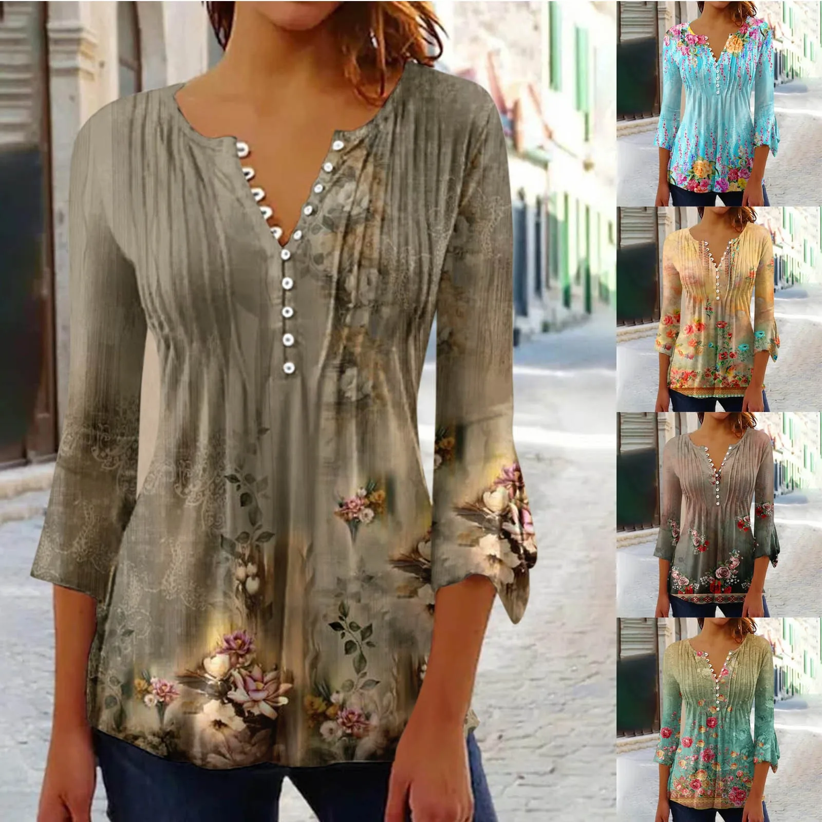 Button Down Tops For Women Print Summer Shirts Casual Bell 3/4 Sleeve V Neck Spring Blouses