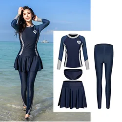 Women's 4pcs/set Long Sleeve Rash Guards, Quick Dry Swim Shirt+Skirt+Legging Tankini Full Body Water Surf Swimsuit Bathing Suit