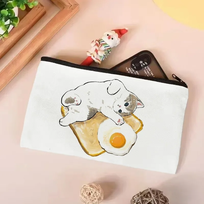 Bolso de lona inspirado en la creatividad de los gatos lindos y la comida, bolso ecológico para gatos pequeños, bolso de hombro informal para ir de compras, viajes de oficina