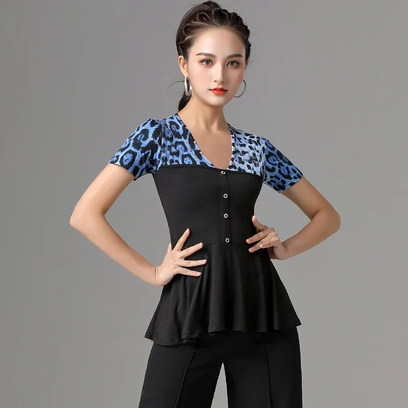 

X053 Latin Dance Training Clothing Jacket Female Rumba Tops Adult New Modern National Standard Dance Short Sleeve Dancing Shirt