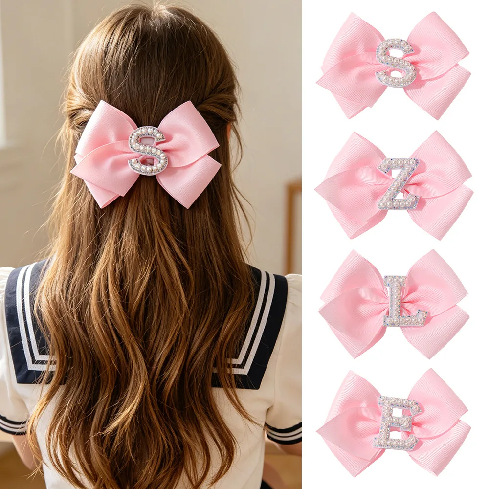 2026 New Fashion 26 Letter Rhinestone Imitation Pearl Hair Clip For Women Girls Sweet Pink White Red Ribbon Bow Hair Barrettes