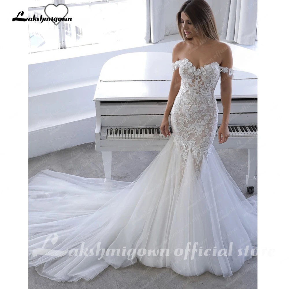 Lakshmigown-vestido de novia sirena con hombros descubiertos, apliques de encaje personalizados, vestidos sin espalda para mujer elegantes y bonitos