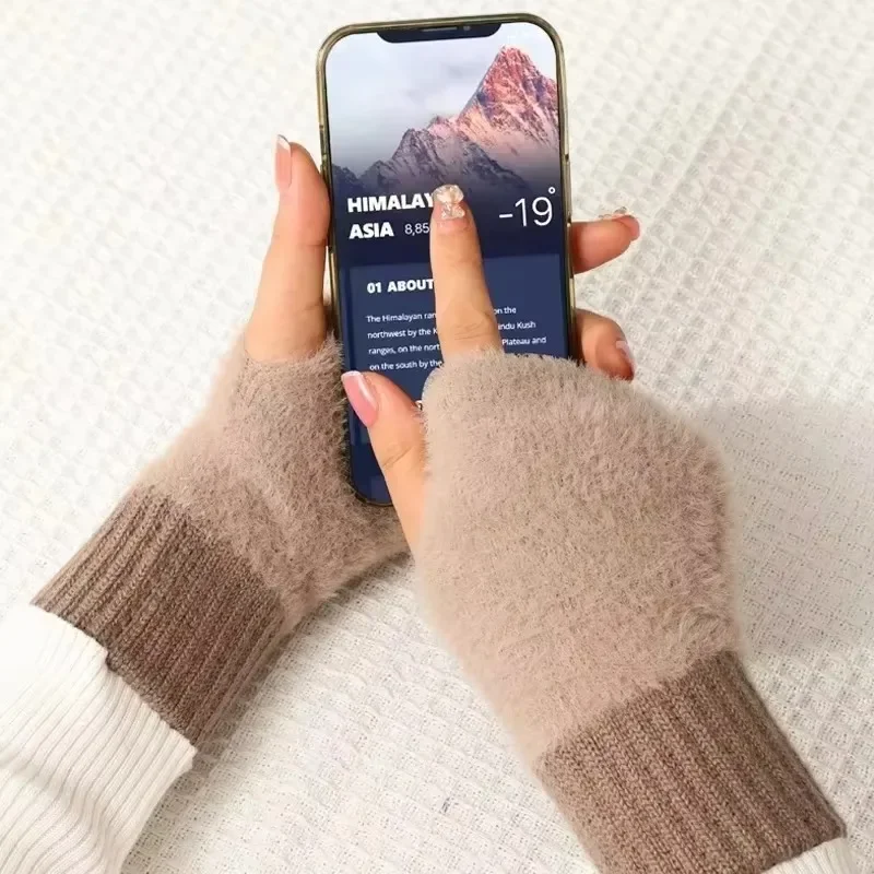 قفازات الشتاء القطيفة للنساء طويلة بلون الصوف الحراري الكتابة القيادة مكتب شاشة تعمل باللمس نصف اصبع قفازات متماسكة دافئة