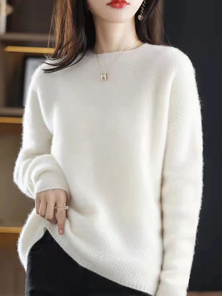 ADDONEE Women Autumn Winter Cashmere Sweater Thick O-neck Pullover Casual Loose Style Clothing 100% Merino Wool Knitwear Korean