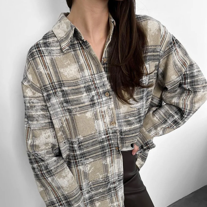 Cotton Mid to Long Length Niche Design Checkered Long Sleeved Shirt Cross-border Fashion Shirt Women's Clothing