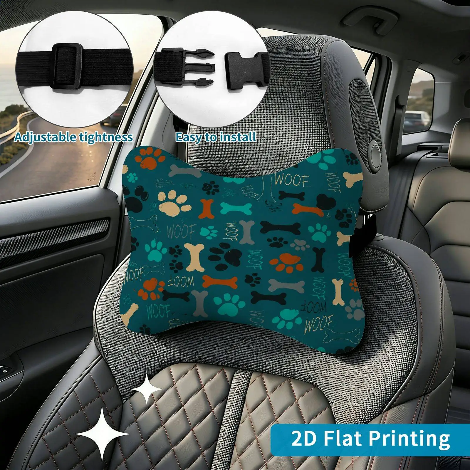 2pcs Dog Paw Bone Car Seat Headrest, Neck Support Cushion, Suitable For All Seasons Of Car Additions, Dog Theme, Travel Neck Pil