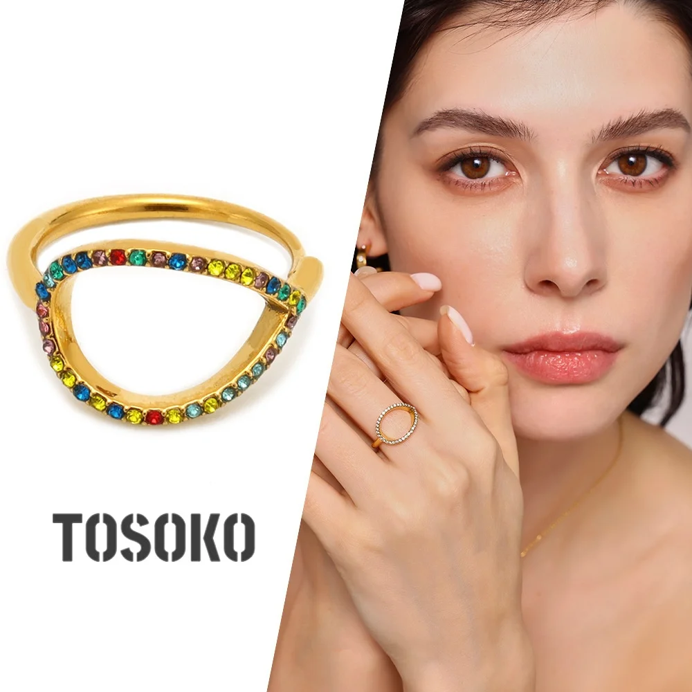 TOSOKO Elliptical Water Droplet Set Zircon Ring With Adjustable Side Opening Stainless Steel Color Retaining Tail Ring F971