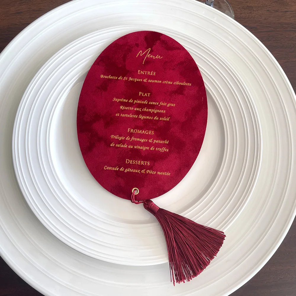 

High-End Velvet-Textured Customized Wedding Menu Card Personalized Catering Menu Holder for Upscale Event Catering
