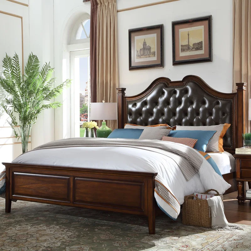 

Европейская кровать из массива дерева, 1 метр, 8, двуспальная кровать для спальни, свадебная кровать, американская кожаная кровать в стиле ретро, мебель для квартиры