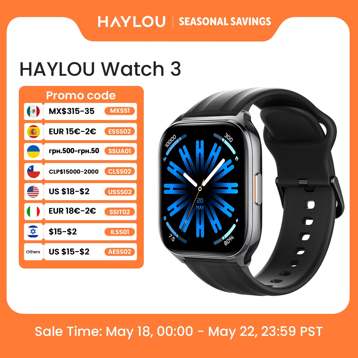 Reloj Inteligente HAYLOU Watch 3 con Llamadas de Voz, Pantalla AMOLED de 1.85'', Monitoreo de Salud 24h, Más de 150 Modos Deportivos, Resistente al Agua 1ATM