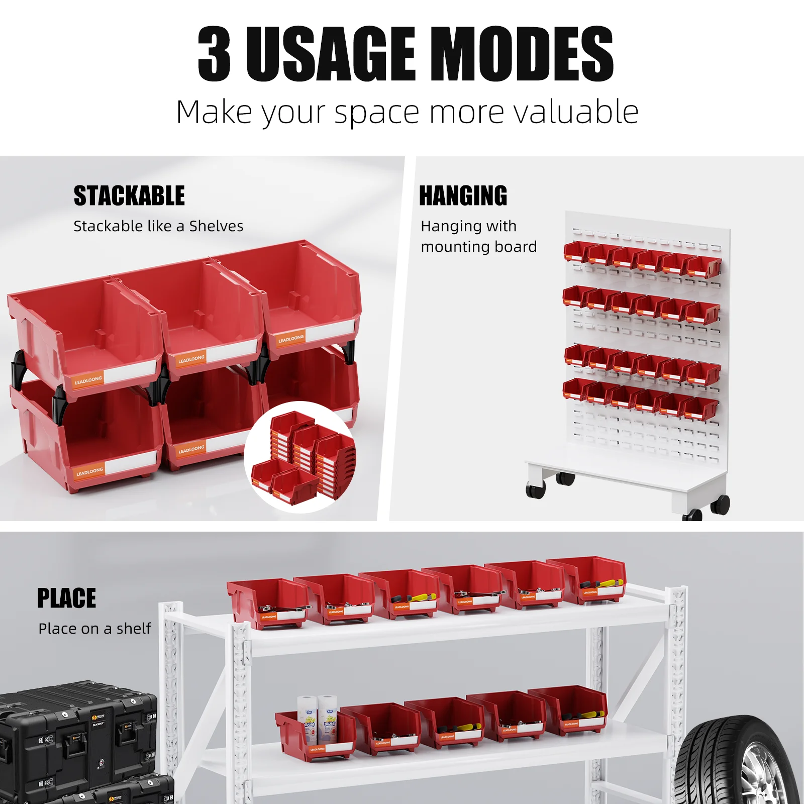 6/24 Pcs Red Stackable Plastic Parts Bins - 5"x4"x3" Garage Tool Storage Containers - Heavy-Duty Organizer Bins for Workshop