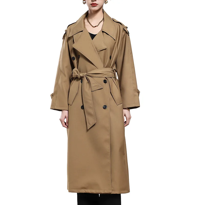 

Mauroicardi Весна Осень Хаки Длинный серый тренч женский с поясами с рукавом реглан Двубортный Свободный Повседневная Корейская Модная Верхняя Одежда Женщины 2025 плащ женский весна плащ женский весна тренчкот