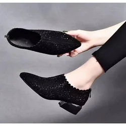 Summer & Spring Pointed Toe Women Shoes Slip-On Comfortable Fashion Chunky Heel Casual Female Shoes Size 35-40