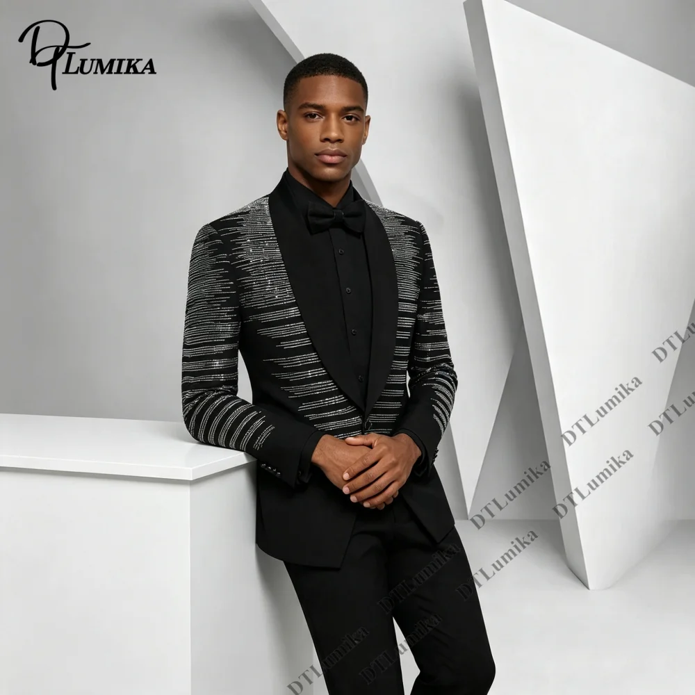 Men's 2 Piece Silver Sequin Striped Tuxedo Suit Black Shawl Lapel Blazer Pants Set Wedding Prom Party Stage Performance Club