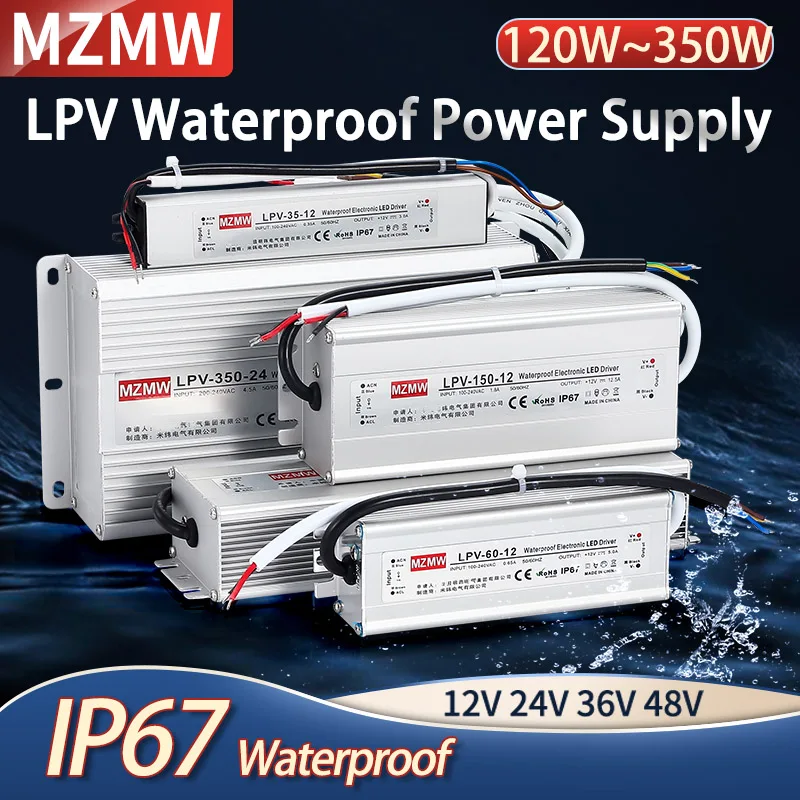 Mzmw à Prova Dmágua Fonte de Alimentação Lpv120w 150w 200 250 300 350 ac dc 12v 24 36v 48v Iluminação Transformador Led Driver