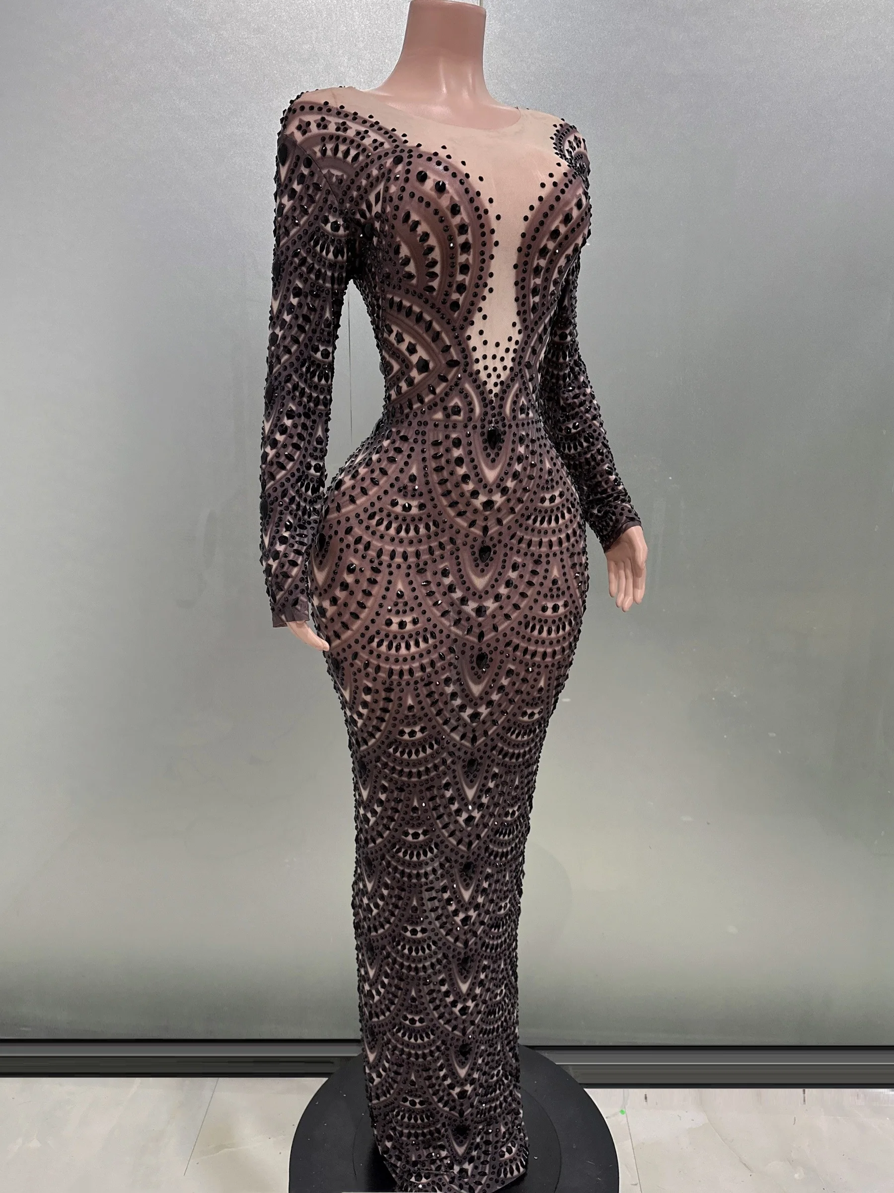 Black Rhinestones Sexy Printing Mesh Sheath Dress Evening Party Performance Costume Bar Nightclub Singer Stage Wear