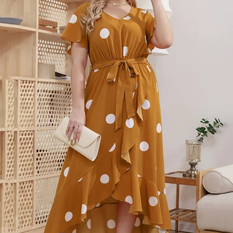 Polka Dot Simple Plus Size Dress Fashion Elastic Waist Print Temperament Skirt Women V Neck Tie Waist Floor Length Skirt 4XL