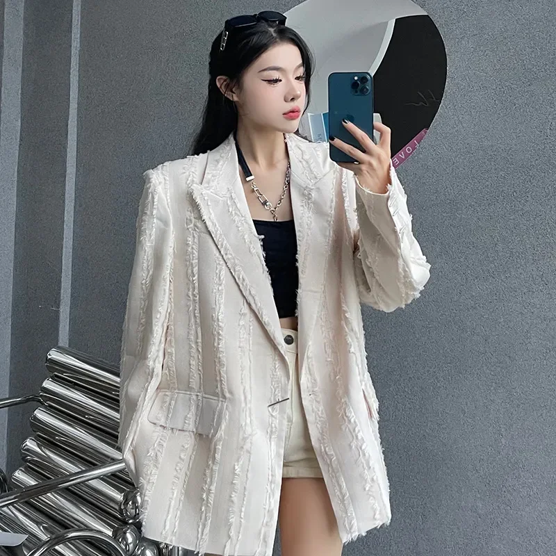 Spring Autumn Sense Of Design Suit Jacket Women 2024 New Fashion Loose Casual Coat Tassels Pure Colour Black Blazer Female