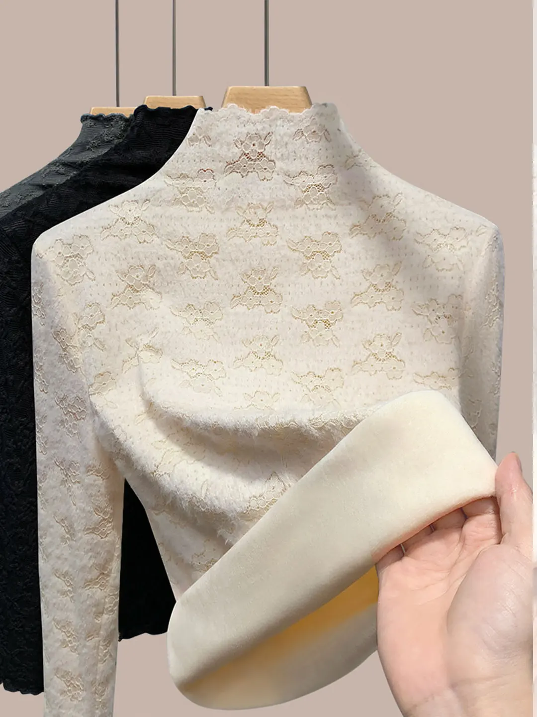 

Женская утепленная флисовая блузка с кружевной отделкой, утолщенный воротник-стойка, осенне-зимняя модная теплая кофта, сексуальный облегающий крой, с вырезами, длинный рукав